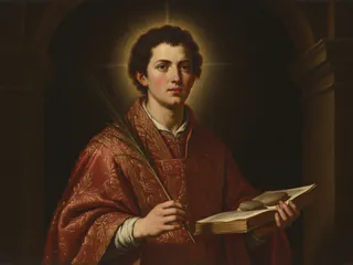 Pintura de estilo barroco: San Esteban, diácono, con la palma y el libro con las piedras