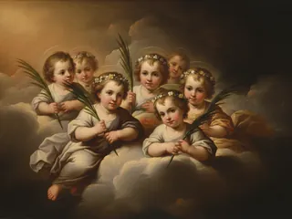 Pintura de estilo barroco: los Santos Inocentes como niños en el cielo con palmas y coronas de flores