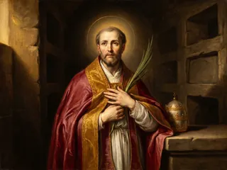 Pintura de estilo barroco: el papa San Félix I con la palma en las catacumbas