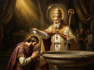 Pintura de estilo barroco: el papa San Silvestre I bautizando al emperador Constantino